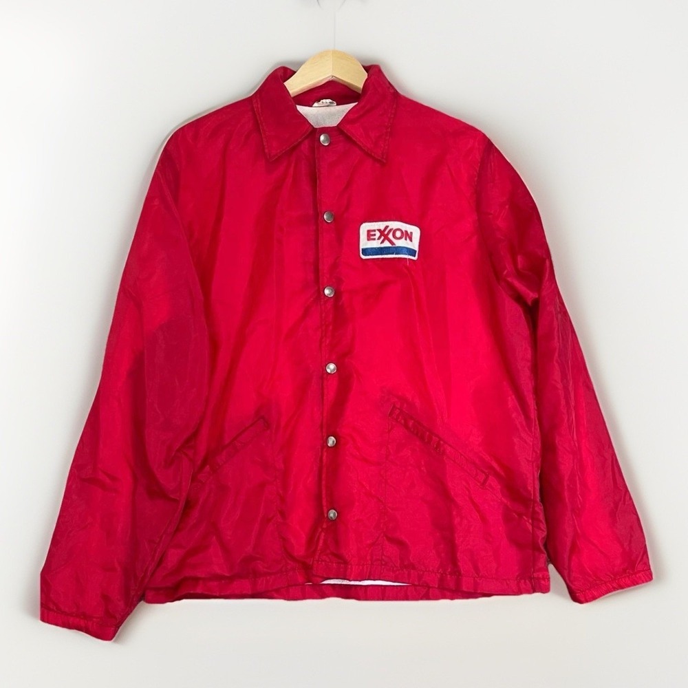 Vintage Exxon Red Snap Button Jacket Union Made USA Mens Large Coach Jacket